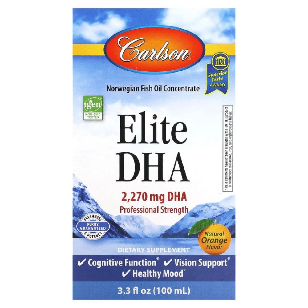 Carlson labs, Elite DHA натуральный апельсиновый вкус, 2270 мг, 100 мл (3,3 жидк. унции). Fish oil, Omega-3. Омега-3Норвежский рыбий жир, концентрат.