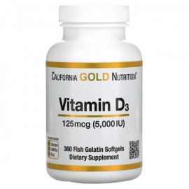 California Gold Nutrition, Витамин D3, 5000 МЕ, 360 желатиновых капсул из рыбы